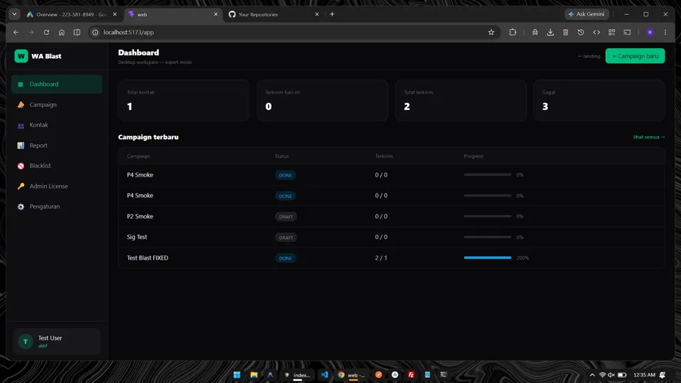 WA Blast dashboard