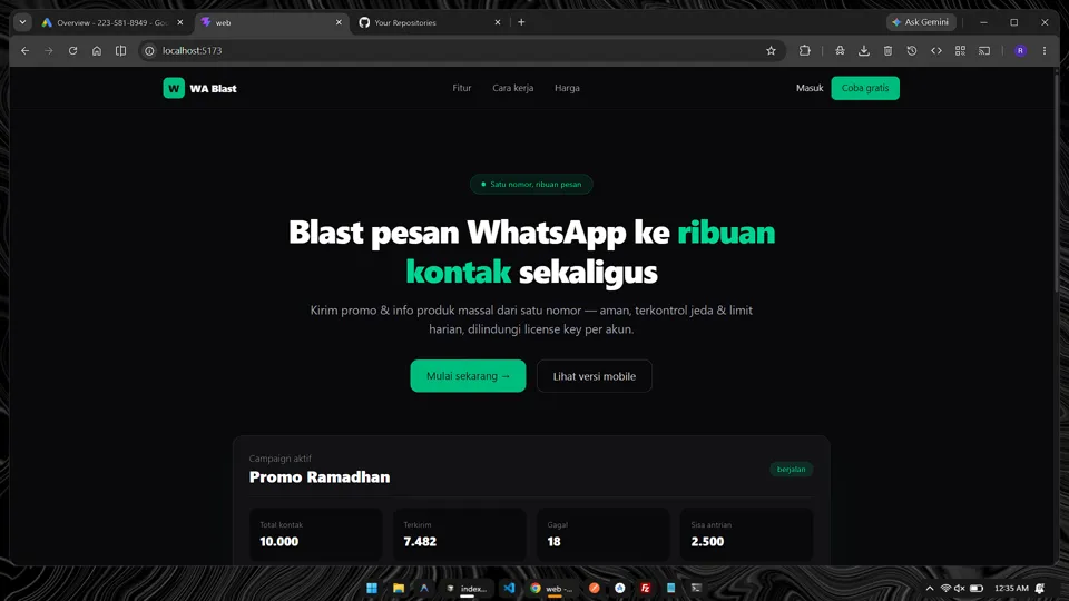 WA Blast Sender — WhatsApp blast app dashboard
